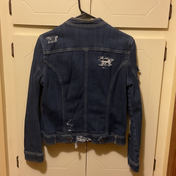 SEXY WOMENS RIPPED/DESTROYED CHRISTOPHER & BANKS LG BLUE DENIM FULL ZIP JACKET - Picture 4 of 14